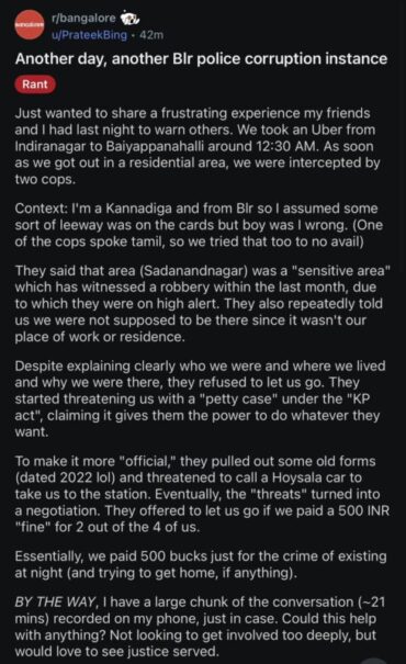 Two policemen of Byappanahalli police station in dock for allegedly harassing group of four men returning home & forced them to pay Rs.500 for venturing out Two policemen of Byappanahalli police station in dock for allegedly harassing group of four men returning home & forced them to pay Rs.500 for venturing out