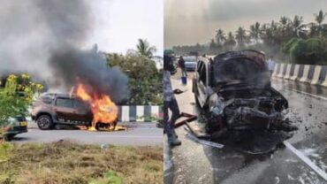 Renault Duster Car Goes Up in Flames After Hitting Milk Tanker on Bengaluru–Mysuru Expressway Renault Duster Car Goes Up in Flames After Hitting Milk Tanker on Bengaluru–Mysuru Expressway