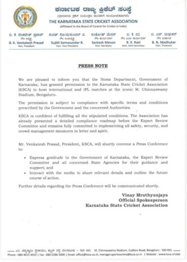 Karnataka Home Dept Allows To Conduct Matches At Chinnaswamy Stadium