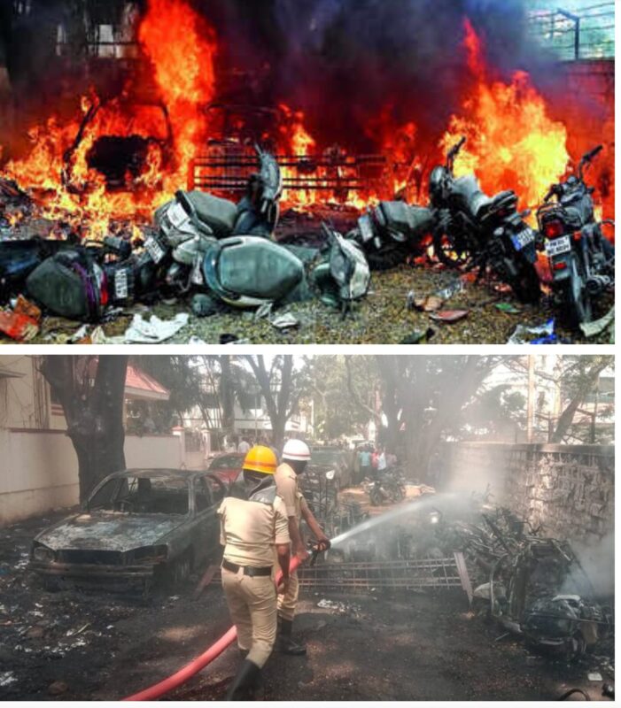 Seized vehicles parked at Banaswadi police station caught fire 25 vehicles gutted in fire