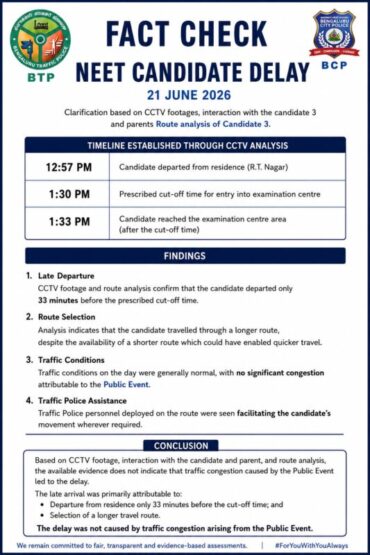 Bengaluru Traffic Police fact-check NEET candidate delay, rule out event-related congestion