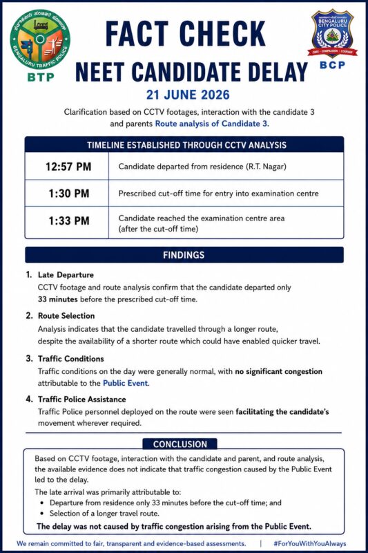 Bengaluru Traffic Police fact-check NEET candidate delay, rule out event-related congestion Bengaluru Traffic Police fact-check NEET candidate delay, rule out event-related congestion