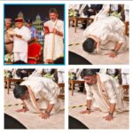 Chief Minister D K Shivakumar bows to the people of the state from the swearing-in stage