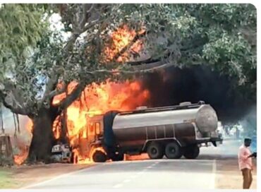 Petrol tanker catches fire after crashing into tree near Doddaballapur