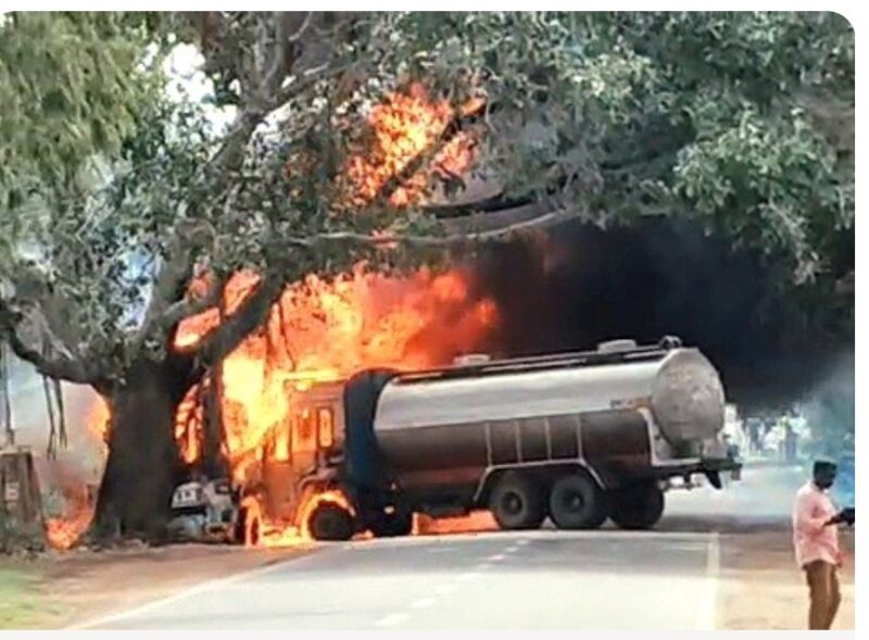 Petrol tanker catches fire after crashing into tree near Doddaballapur