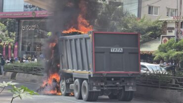 Tipper Truck & Bullet Bike Catch Fire After Collision In Bengaluru Tipper Truck & Bullet Bike Catch Fire After Collision In Bengaluru