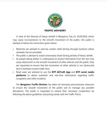 BTP issues traffic advisory amid heavy rain forecast by IMD 
