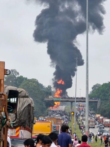 Chemical-Laden Truck Catches Fire After Overturning on NICE Road; Tank Explodes,Traffic Snarls for 4 km